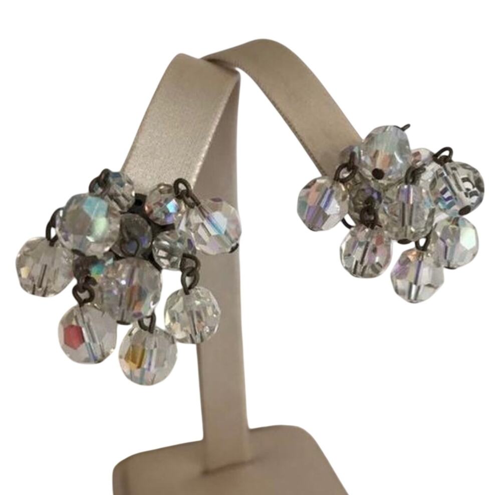 Vintage clear Austrian crystal drop dangle clip on earrings AB faceted beads